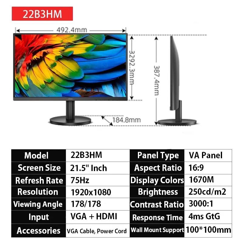 Monitor AOC 22B3HM Ultra Slim LED (21.5&quot;/VA/6.5ms/75Hz/FHD)