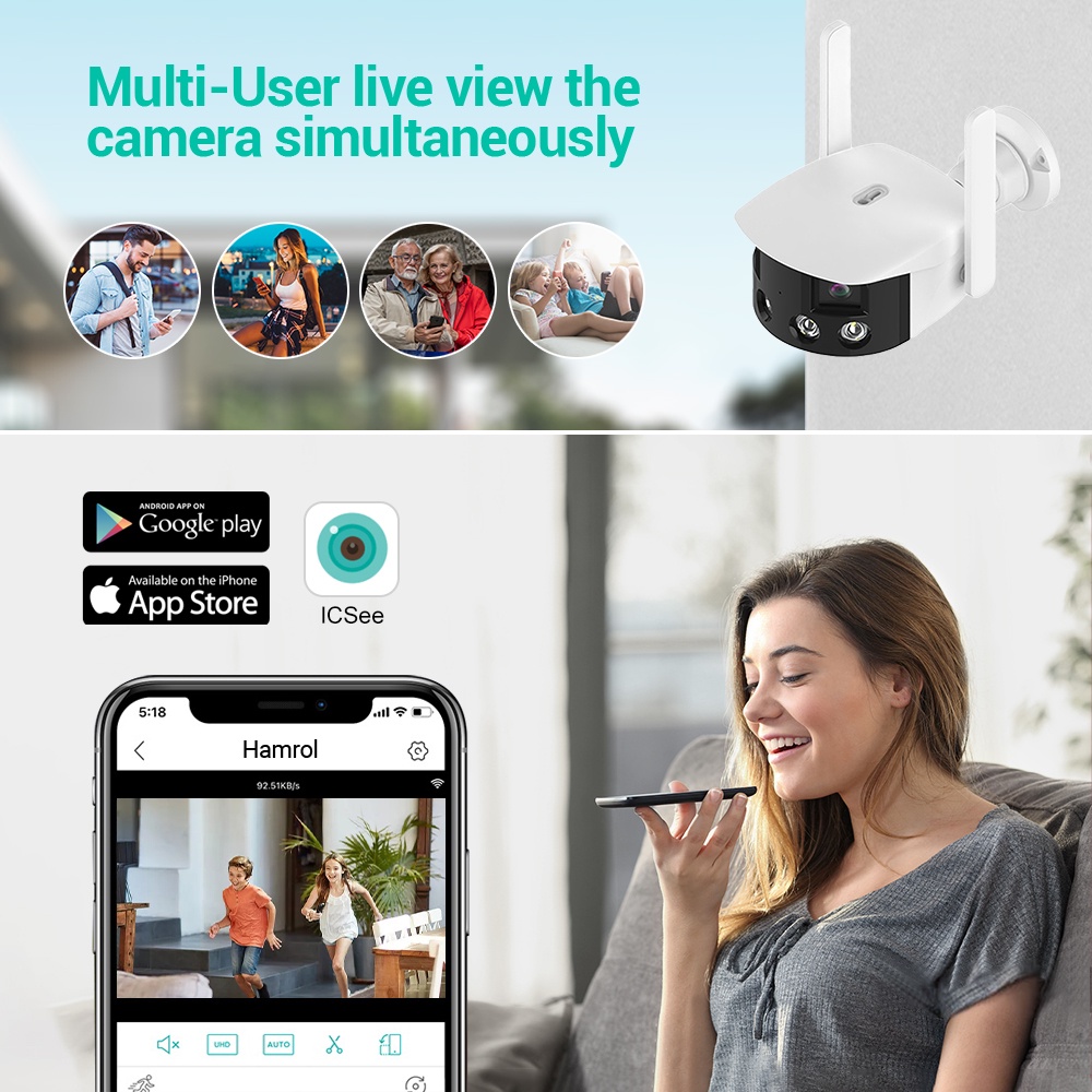 Hamrol 8MP 4K Dual Lens Wide Angle 180° Wifi IP Camera Outdoor Full Color Night Vision Ai Human Detect CCTV Security Camera