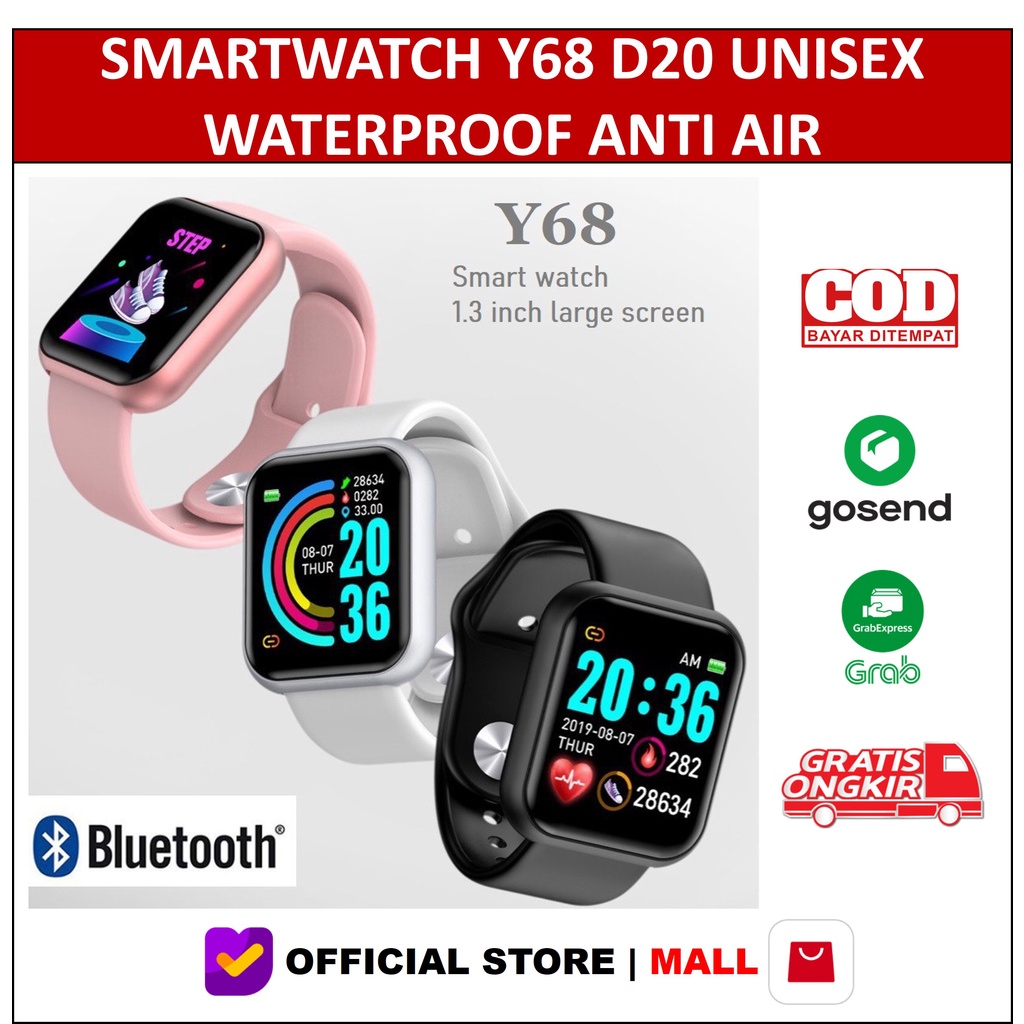 Smartwatch Bluetooth Y68 D20 Jam Tangan Unisex Cowok Cewek Pria Wanita Digital Waterproof Fitness Sport Tracker Smartband Smart Band Y68 Universal