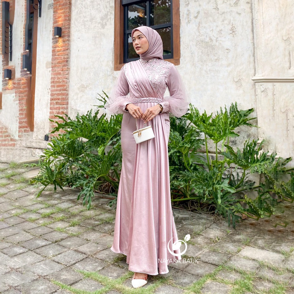 ADA MAROON - Melody Gamis Lebaran Terbaru 2023 Dress Muslim Lengan Panjang Dress Kondangan Gamis Brukat Tulle Mutiara