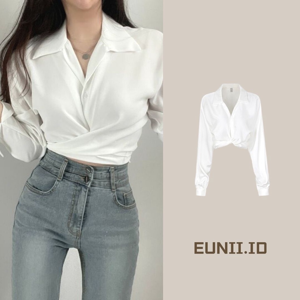 EUNII Wrap Blouse Kemeja Lengan Panjang Wanita Terbaru Crop Top Baju Wanita