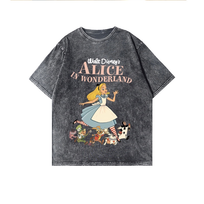 kaos hitam oversize wanita lengan pendek retro Alice In Wonderland motif printed t-shirt import kaos couple ootd