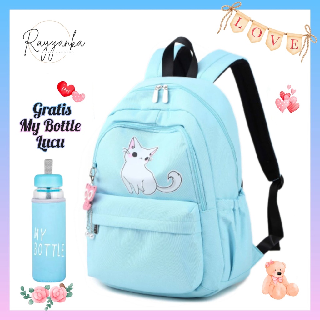 Tas Ransel Anak Perempuan Remaja Cat Korea Cute Gratis Botol Minum Sd Smp Sma