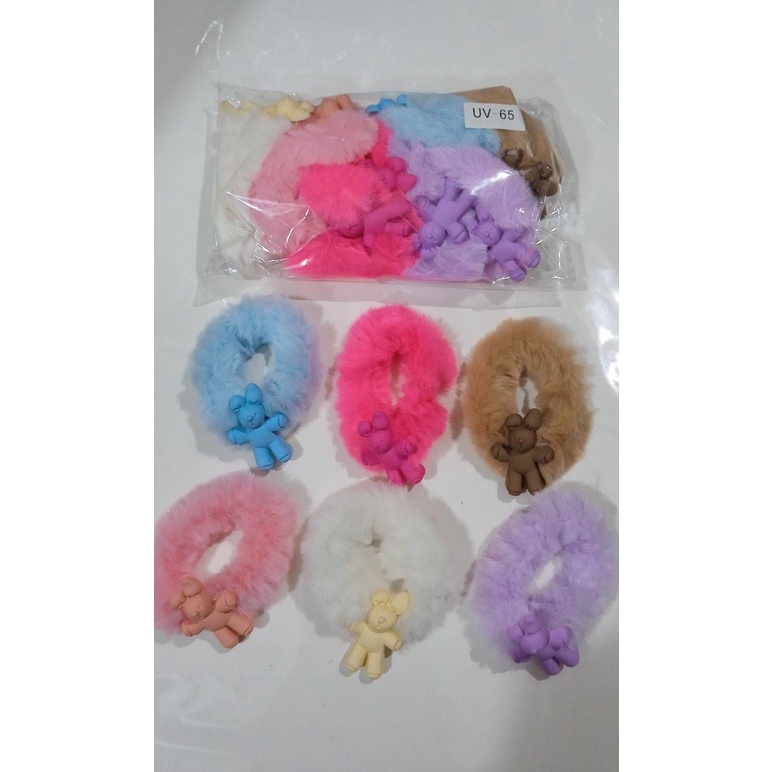 IKAT RAMBUT SCRUNCHIE BULU MOTIF BERUANG / IKAT RAMBUT WANITA BULU BERUANG ELASTIS KARET HAIRTIE FASHION KOREA LUCU CANTIK