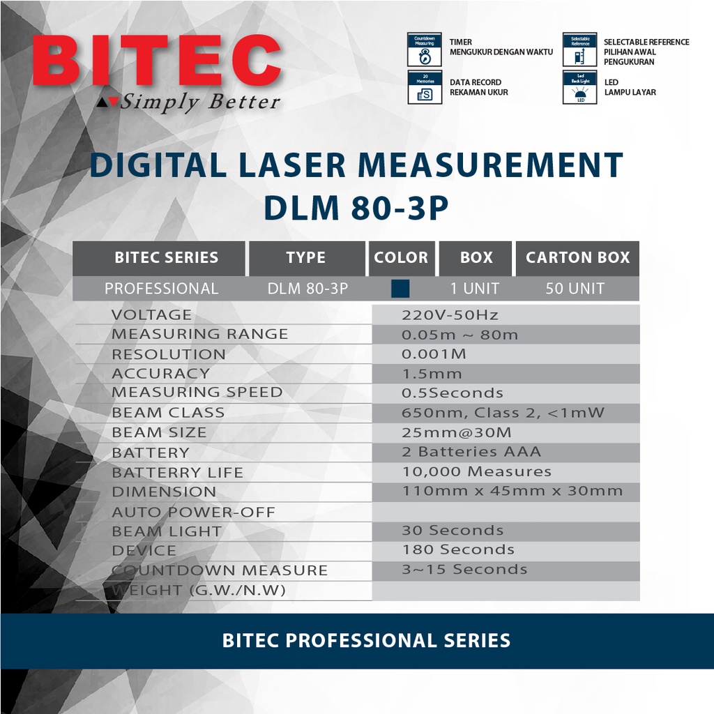 BITEC - ALAT PENGUKUR JARAK DIGITAL / DIGITAL LASER MEASUREMENT - DLM 80-3P - GARANSI RESMI 1 THN