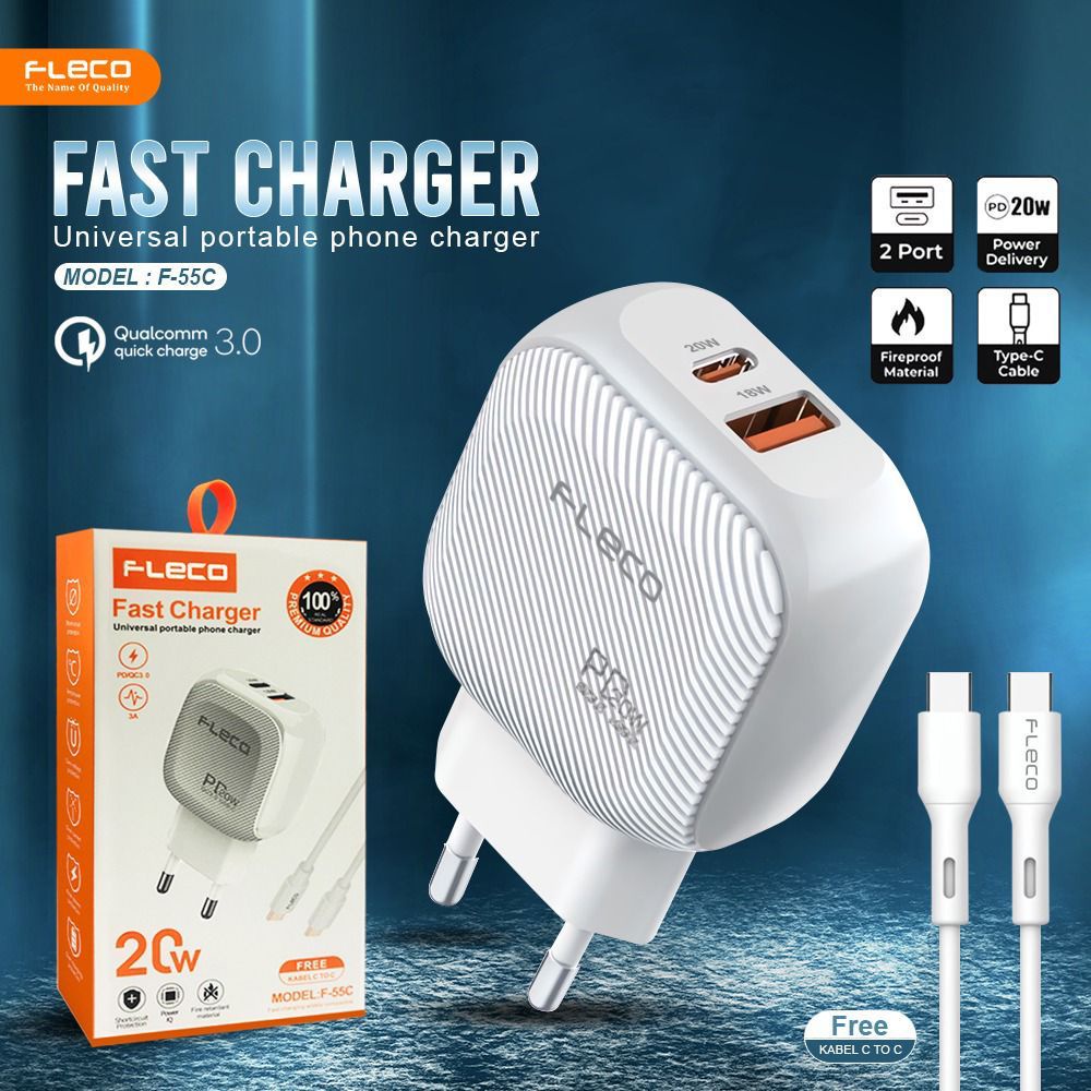 Charger FLECO F-55C Power Super Batok Fast Charging 3A PD 20W Dual Port Quick Charger USB DAN TYPE-C FREE KABEL TYPE-C TO TYPE-