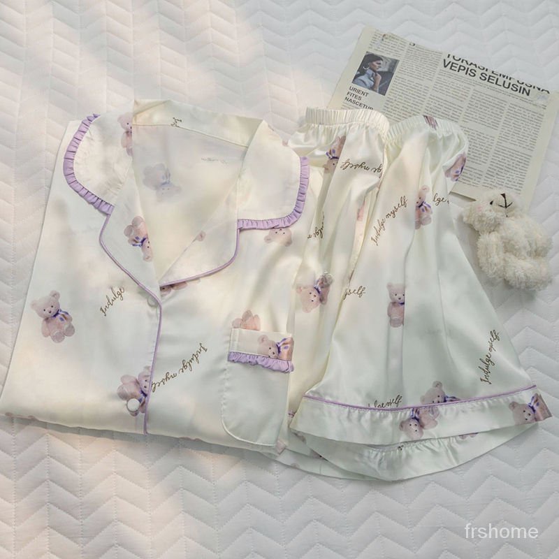 Piyama sutra sutra ins ins baru set bagian tipis kartun beruang lucu baju santai lengan pendek bisa