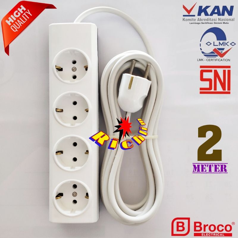 Stop Kontak Broco 4 Lubang+Steker Broco+Kabel 2x0,75 Serabut 2 Meter/Stopkontak Rakitan