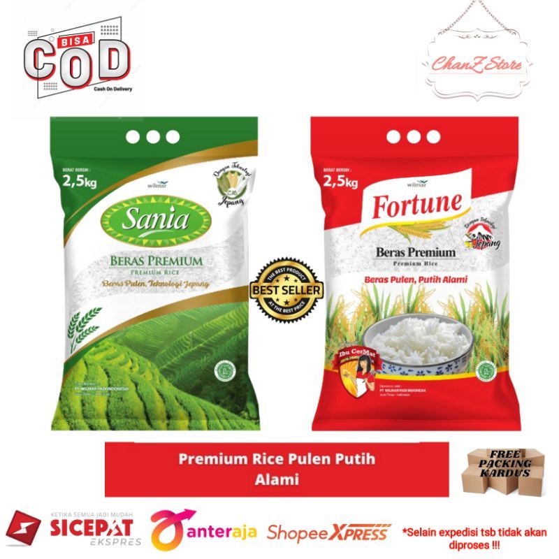 

BERAS PREMIUM SANIA & FORTUNE 2.5 KG BERAS PULEN ALAMI BERKUALITAS FREE PACKING