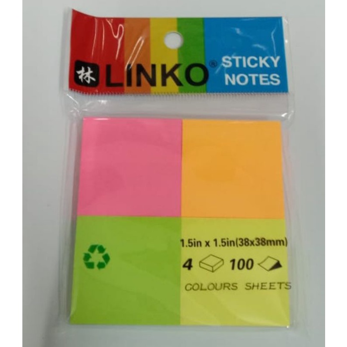 

Sticky notes Linko 1.5in x1.5in(38x38mm) 30grm 4 warna 100 lembar