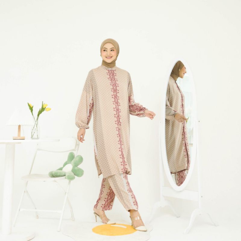 Setelan long tunik motif yunma set celana rayon premium raya series
