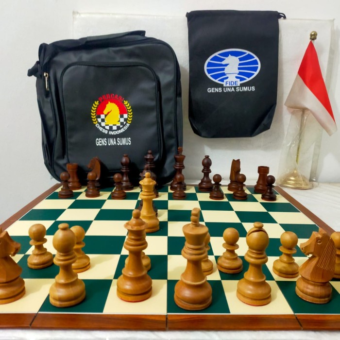 1 set papan catur kayu magnet, buah kayu dan tas catur