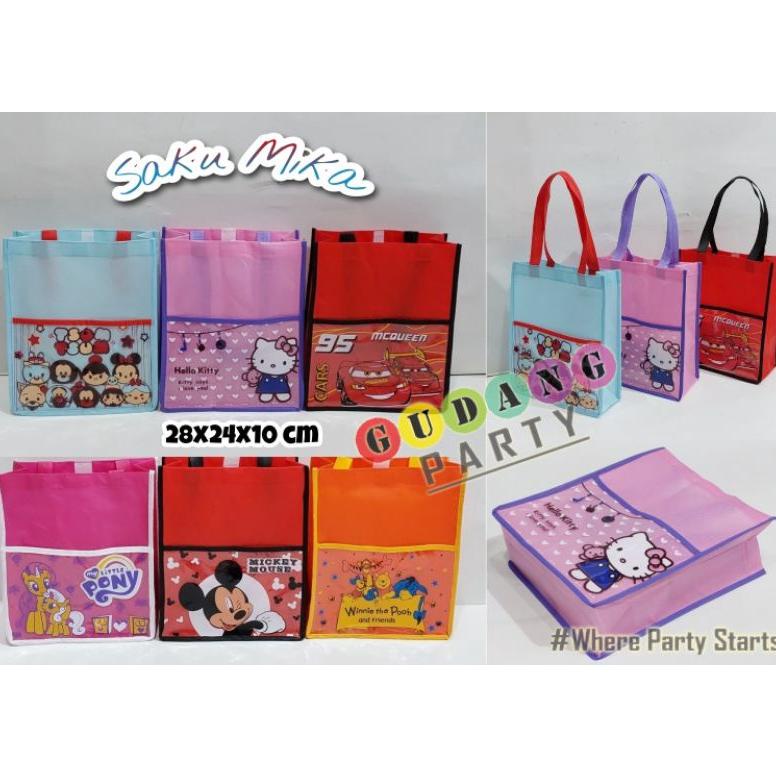 

Spunbond Saku Mika Karakter/Kantong Ultah/Goody Bag/Spunbond Jahit/Tas Souvenir/Tas Party Promo Best Seller!