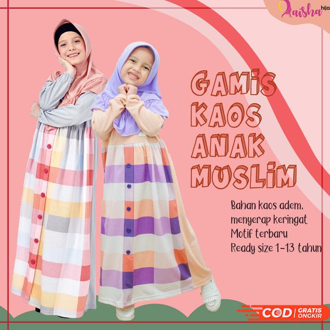 Baju Gamis Kaos Anak Muslim Perempuan Umur 1-13 Tahun Motif Kotak Abu