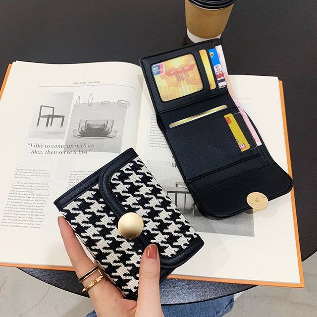 Sera baru dompet kecil wanita pendek kanvas retro houndstooth lipat sederhana multi-slot kartu tas kartu kecil dompet koin untuk wanita