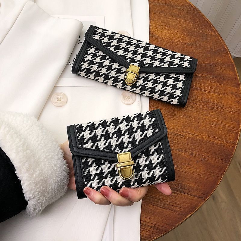 Sera Kecil Dompet Pendek Wanita Dompet Koin Niche Desain 2021 Baru Serbaguna Retro Houndstooth Warna Kontras Lipat Pemegang Kartu