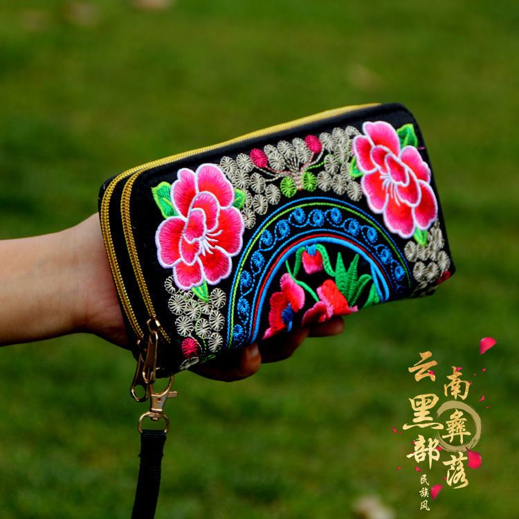 Sera Yunnan Gaya Etnik Kapasitas Besar Tas Wanita Retro Ritsleting Ganda Bordir Bunga Dompet Dompet Wanita Tangan Panjang tas