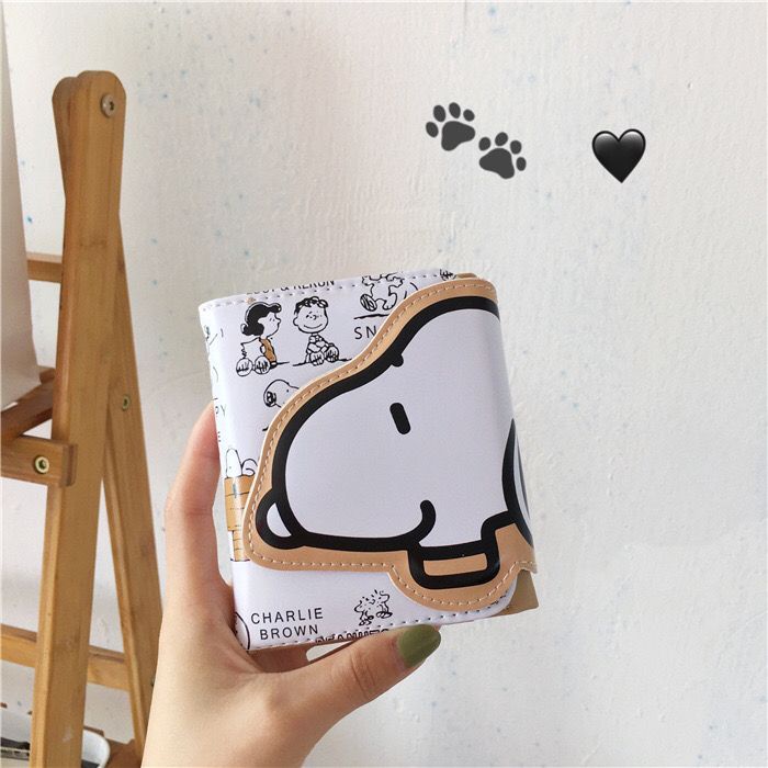 Sera ins gaya Jepang dan Korea lucu Snoopy dompet pendek multi-fungsi tombol jepret tiga kali lipat PU kartu tas wanita dompet koin