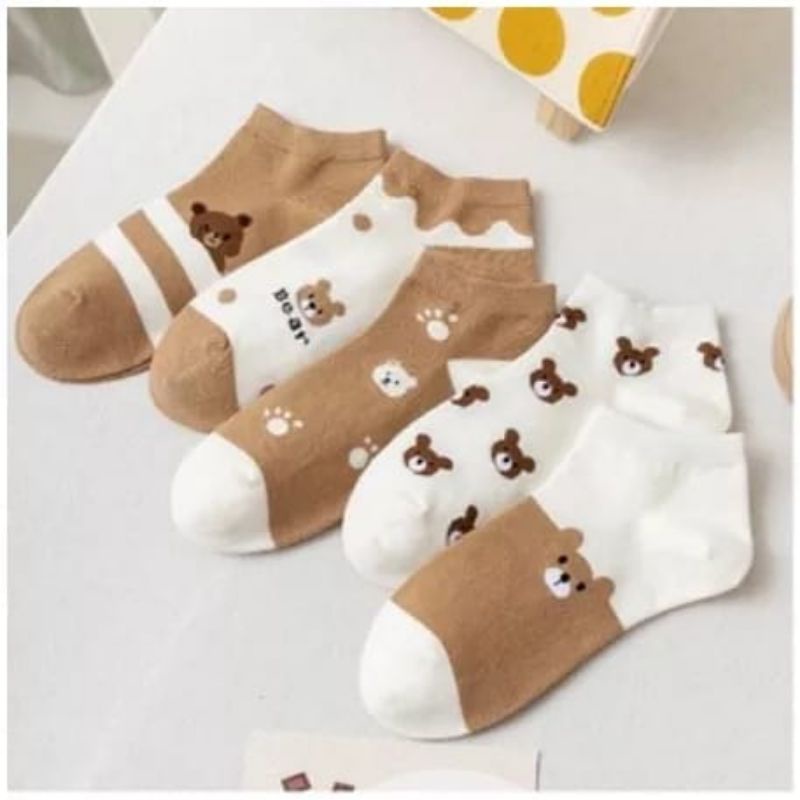 Kaos Kaki Wanita Motif Baby Bear Brown KS49 Kaoskaki Fashion Korea