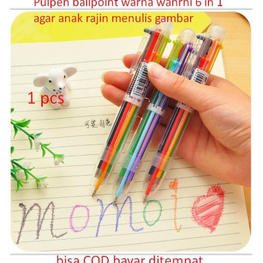 

PULPEN BALLPOINT WARNA WARNI 6 IN 1 AGAR ANAK RAJIN MENULIS GAMBAR PANJANG PULPEN 14CM .