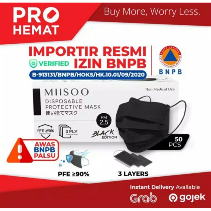 Terlaris Disposable Mask Masker 3 Ply Hitam Anti Virus Perbox 50 Pcs Misoo