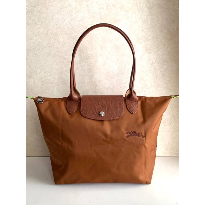 Longchamp Le Pliage Green Small Long Handle SLH in cognac