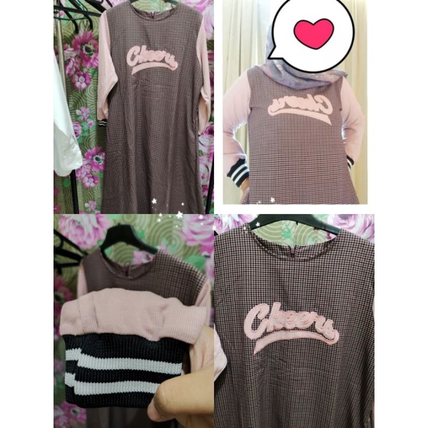 DRESS PINK OVERSIZE JUMBO TUNIK JUBAH WANITA  KOTAK KOTaK HIJAB PRELOVED