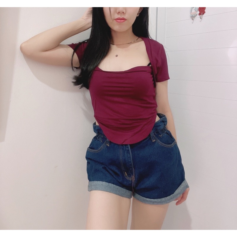 Croptop square oval lengan pendek | croptop square oval wanita | atasan crop leher kotak body square | korean fashion wanita | aquarius boutique89