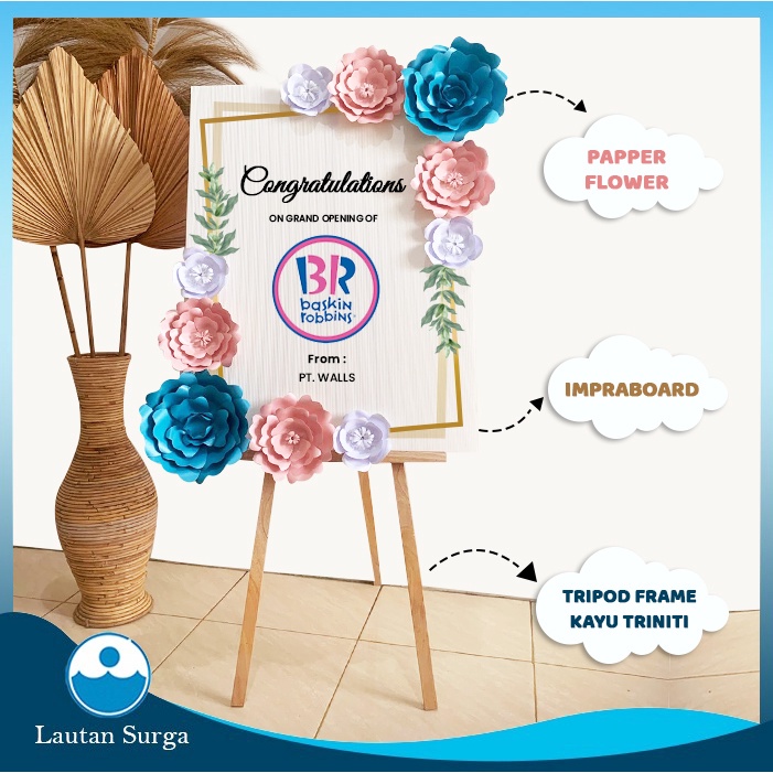 Tema 6 - Karangan Papan Bunga Kertas Biru 60x80 cm Plus Standing Tripod Papan Bunga Ucapan Bunga Pap