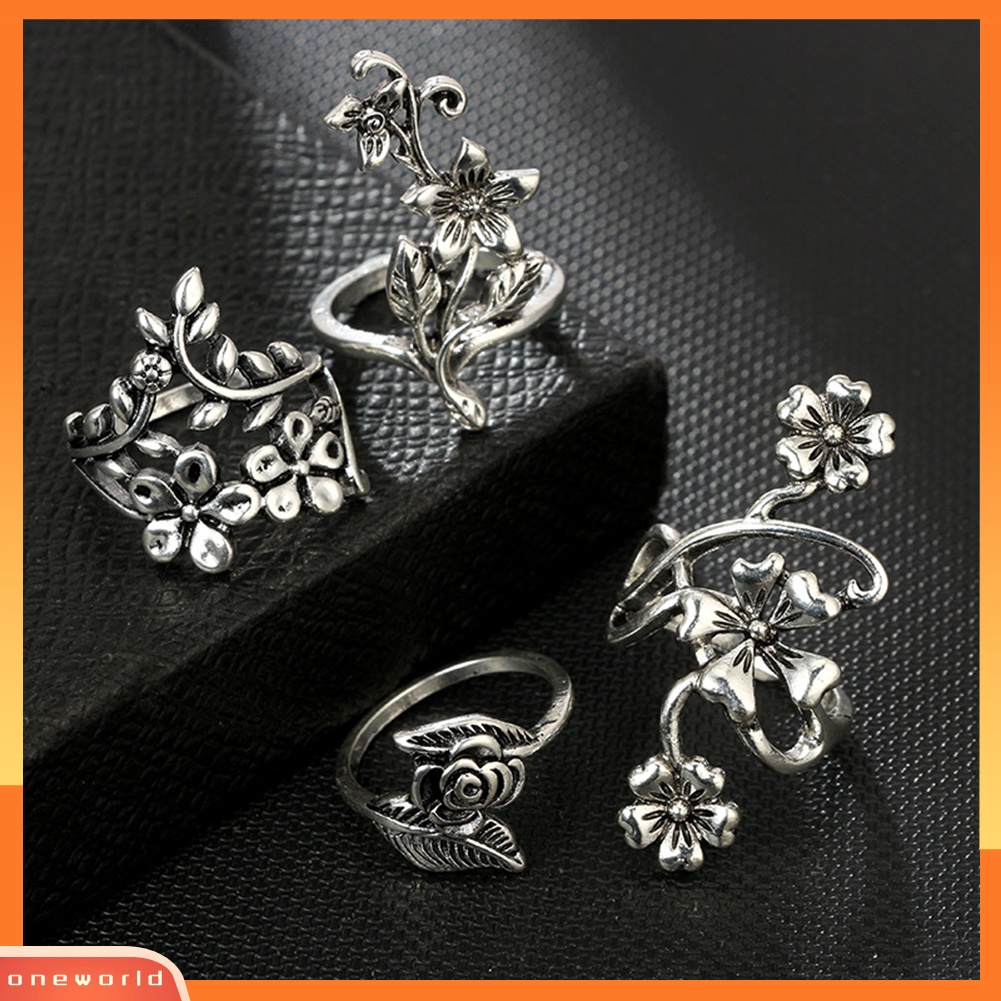 {oneworld} Vintage Flowers s Daun Jari Cincin Set Wanita Pesona Perhiasan Dekorasi