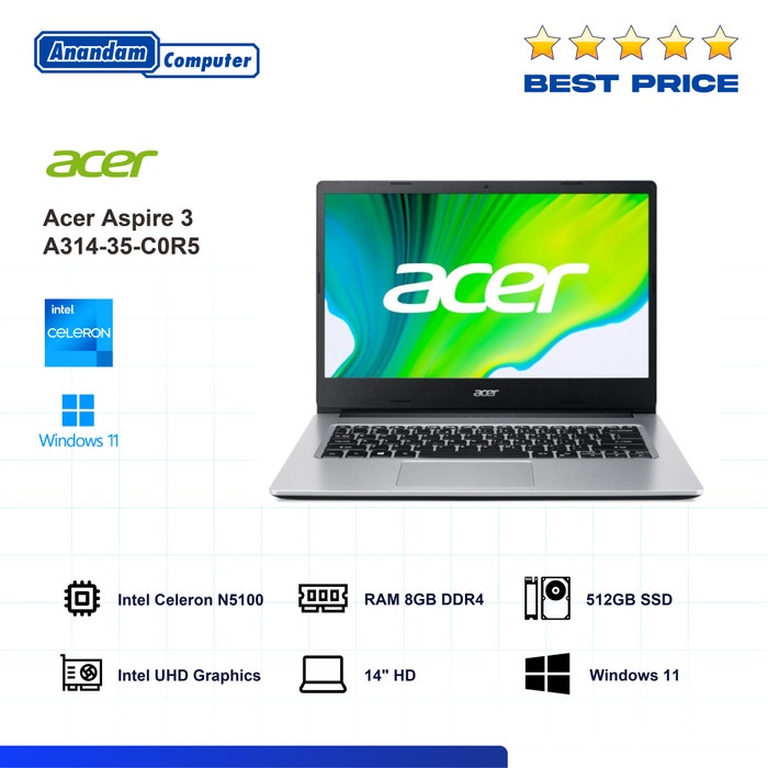 Laptop ACER A314-35-C0R5 Celeron N5100 8GB SSD 512GB 14&quot; HD W11