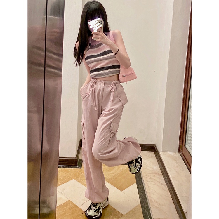 Red Merah Muda Overall Amerika Kasual Celana Pakaian Wanita Musim Panas Baru Pinggang Tinggi Kaki Lurus Desain Longgar Celana Lebar Kaki Celana