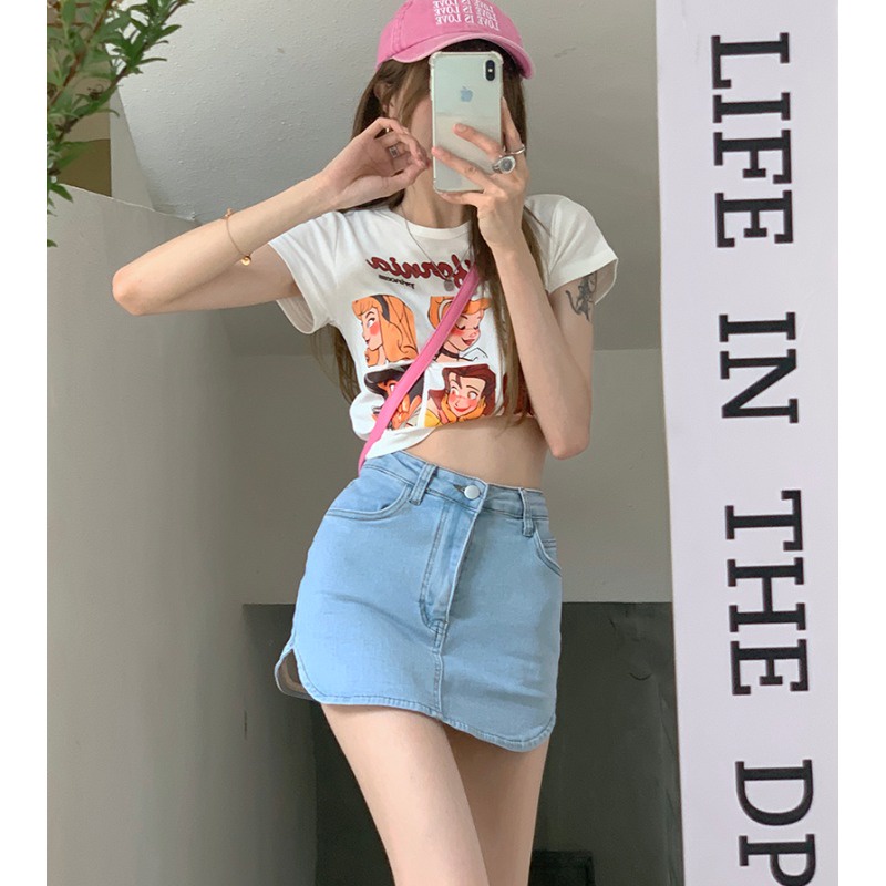 Red Rok denim warna kopi pinggang tinggi wanita musim panas American retro brown bag hip skirt Kata rok kulot rok mini