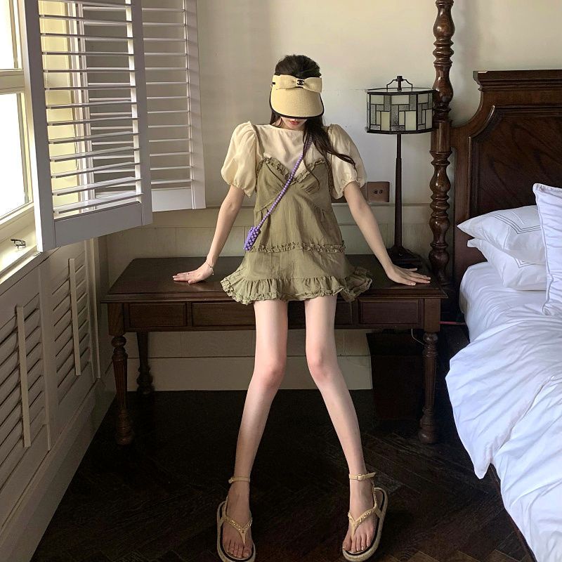 Red Gaun suspender pengurang usia retro untuk wanita musim panas setelan dua potong kecil rok a-line kasual rok pendek t-shirt atasan