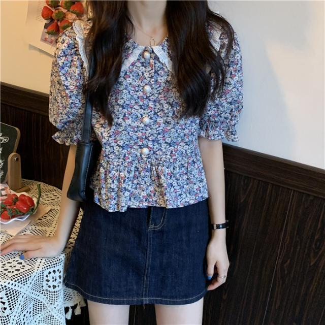 Red Setelan dua potong Korea lengan engah angin lembut French floral boneka kerah kemeja pinggang + rok denim musim panas