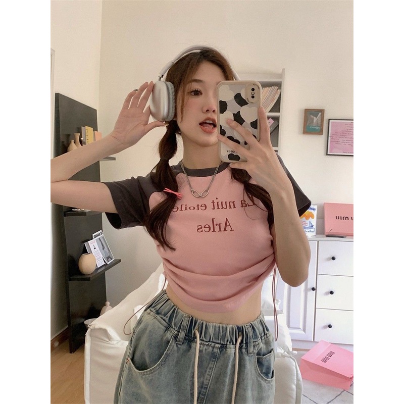 Red Retro Warna Kontras Raglan Lengan Pendek T-shirt Wanita Musim Panas Baru Gadis Panas Niche Serut Diri Budidaya Slim pendek Top Pasang