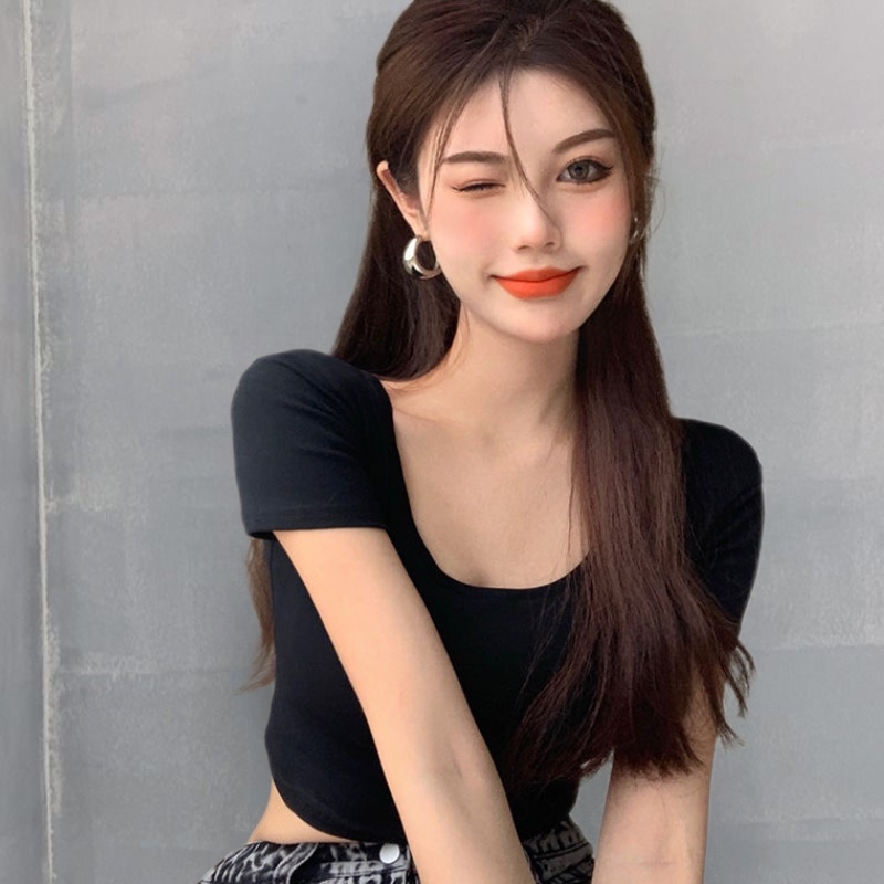 Red Besar Leher T-shirt Pendek Wanita 2023 Baru Pinggang Tinggi Kurus Pusar Seksi Gadis Panas Atasan Musim Panas Slim Lengan Pendek