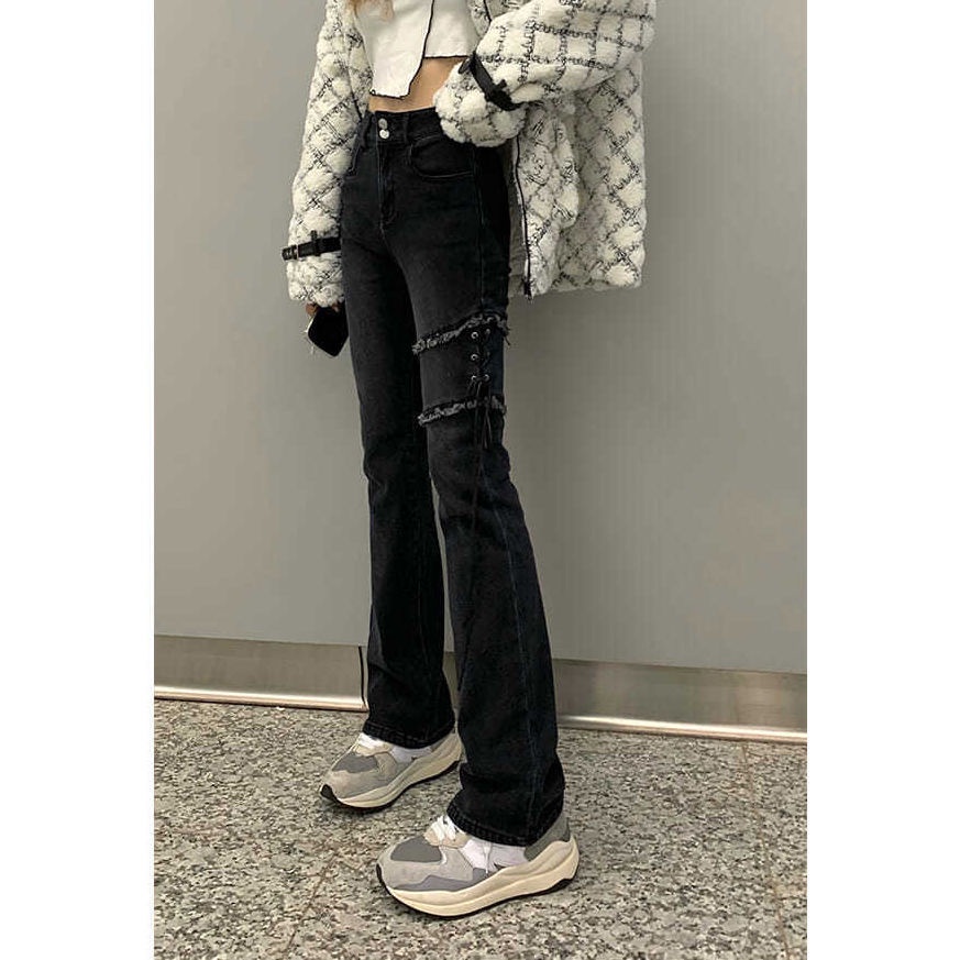 Red High street girl strap design micro boot jeans women s spring and autumn new hot girl high waist slim slim mopping pants