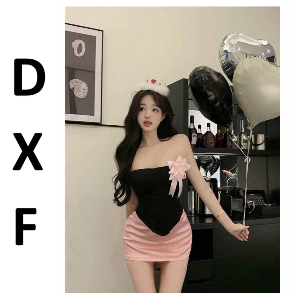 Red Slim retro hot girl top women s back design sense two-piece bottoming shirt spring and summer pure desire tube top flower brooch