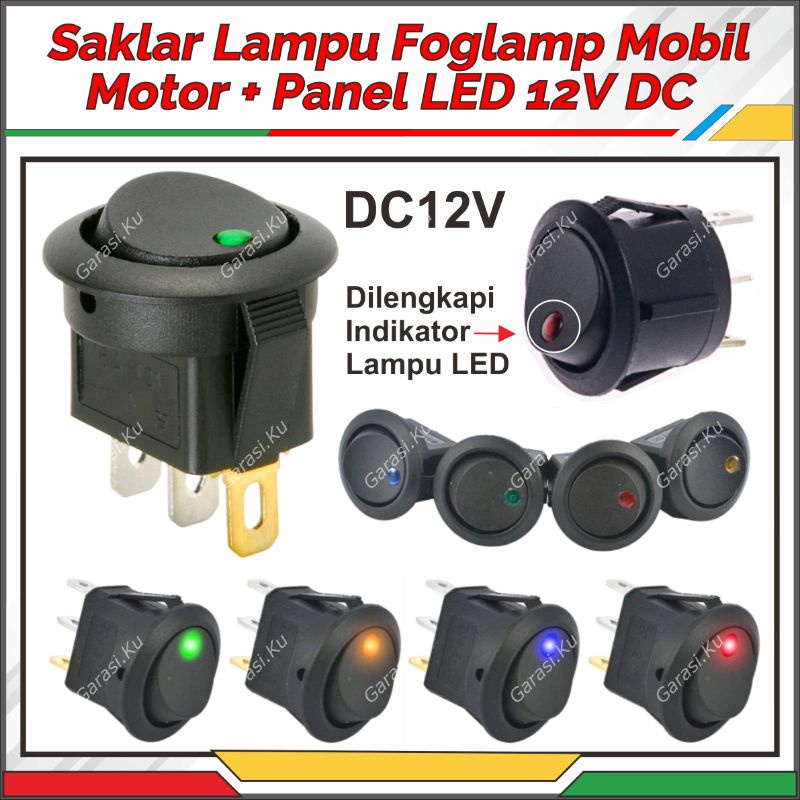 SAKLAR DC 12V 12 VOLT SWITCH ON OFF ON HITAM  BULAT 2 PIN TANAM DILENGKAPI LAMPU INDIKATOR LED MOBIL