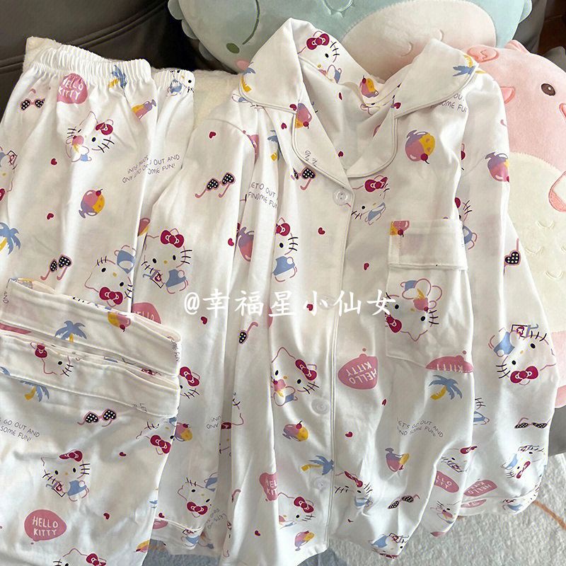 Piyama hellokitty lucu Jepang, kucing kartun kt kucing betina bisa dipakai di luar set pakaian rumah