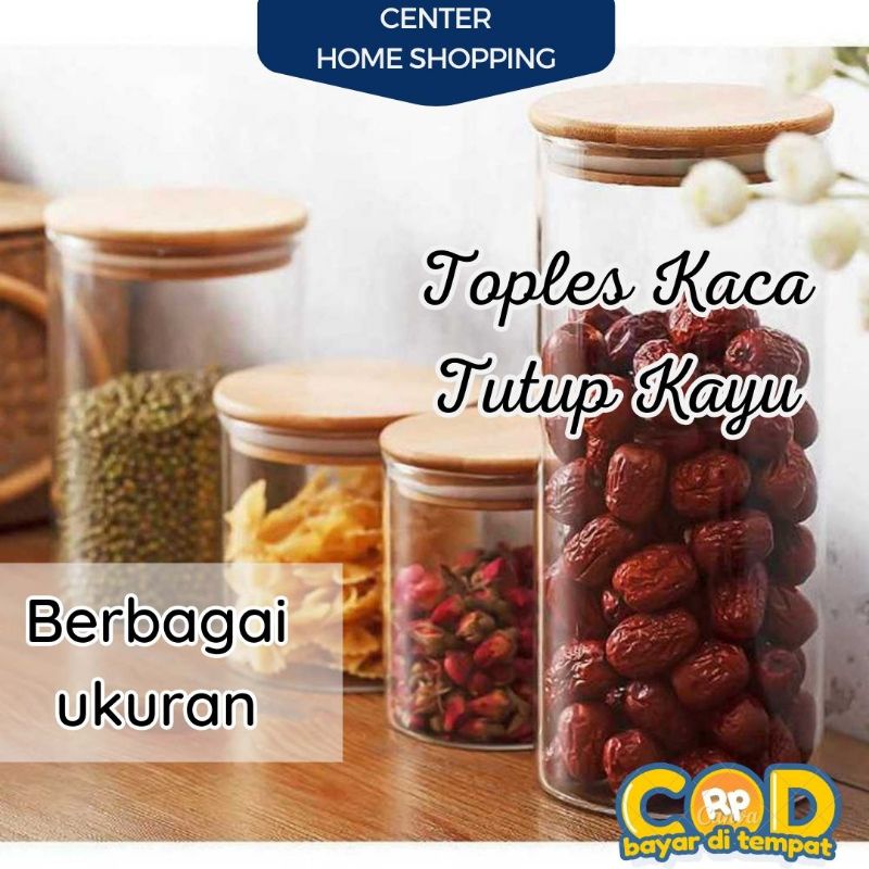Toples Kaca Set Wadah Penyimpanan Makanan dengan Tutup Kayu Kedap Udara
