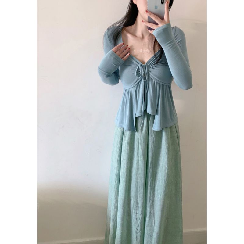 Red Outlet ~ Merek Yu Dan Xianqi Pure Desire Serut Lipit Dada Longgar Tidak Teratur Lengan Panjang T-shirt Bawah Kemeja
