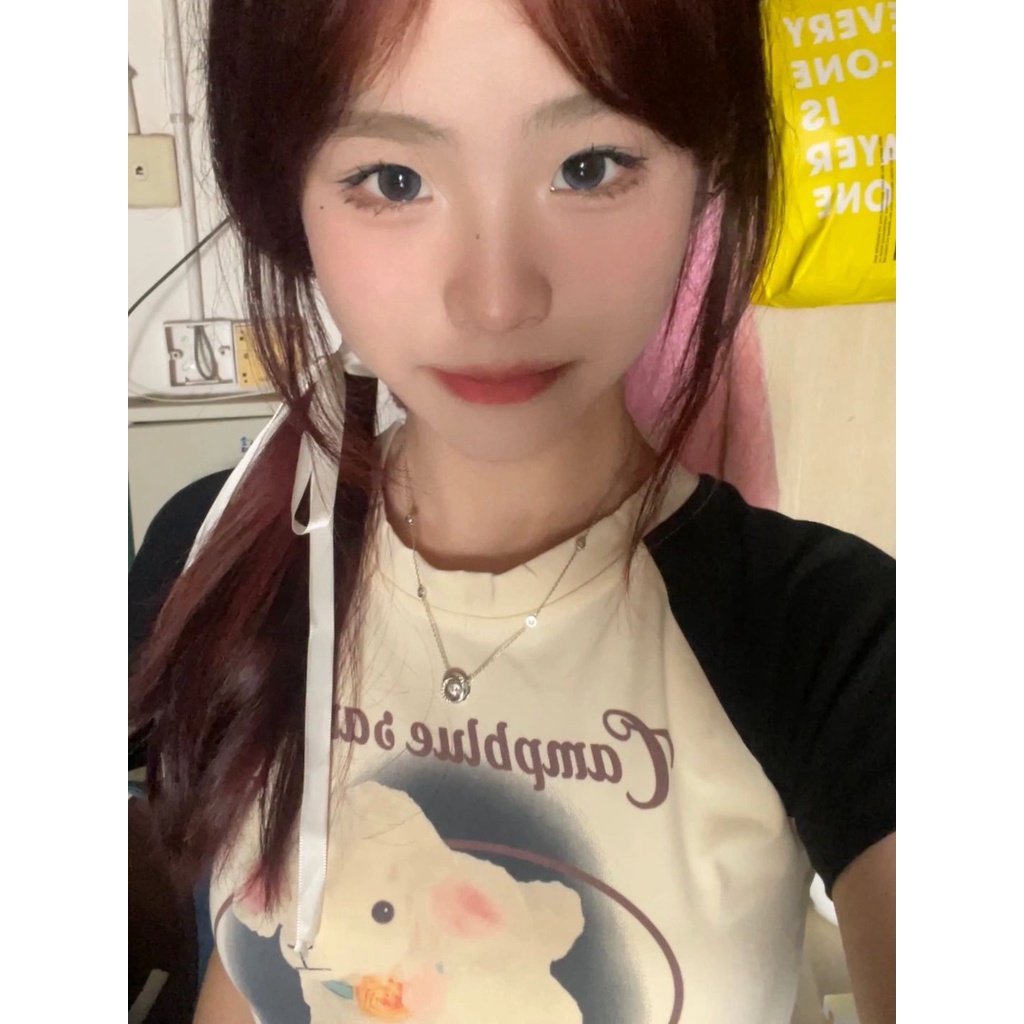 Red Domba Cetak Jahitan Warna Kontras Bahu Depan Lengan Pendek T-shirt Wanita Versi Korea Slim Slim Top Babes In Keinginan Murni