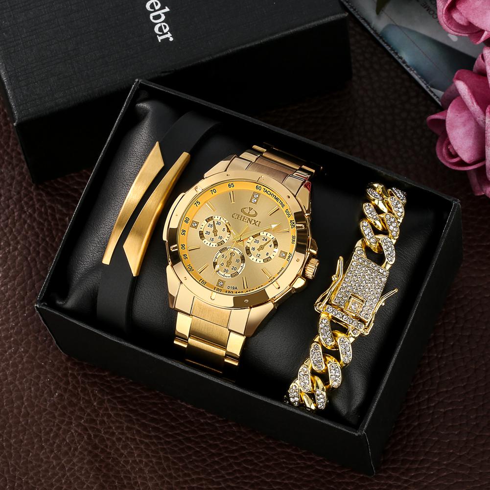 Jam Tangan Emas Pria, Arloji Quartz Mewah Premium dengan Kotak Baja Penuh untuk Pria, Gelang Mewah,