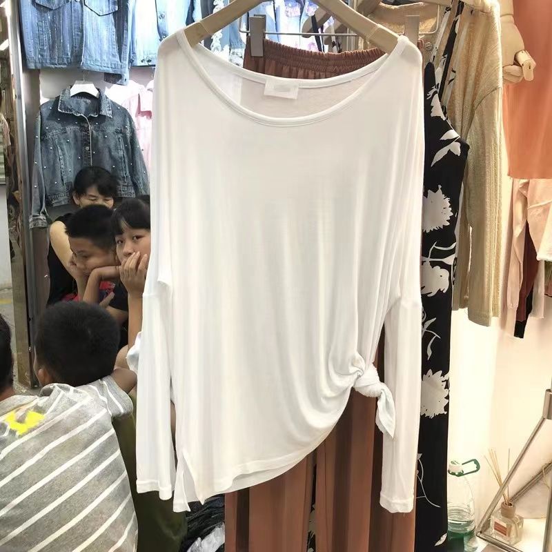 Red Malas Atasan Wanita Celah Lengan Panjang Ukuran Besar Versi Korea Longgar Drape Slim Leher Besar T-shirt Sekali Pakai Bagian Tipis tabir Surya T