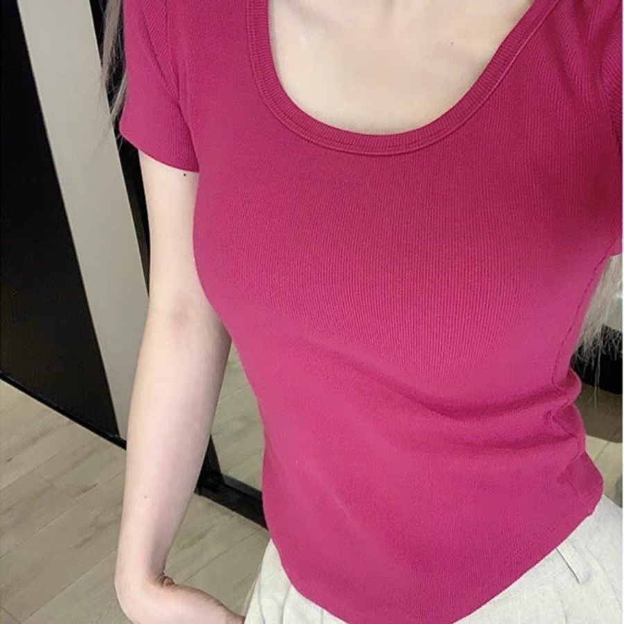 Red U-Leher Bahu Depan Lengan Pendek T-shirt Wanita Musim Panas Baru Gadis Panas Slim Fit Pendek Tidak Teratur Warna Solid Bottoming atasan All-Match