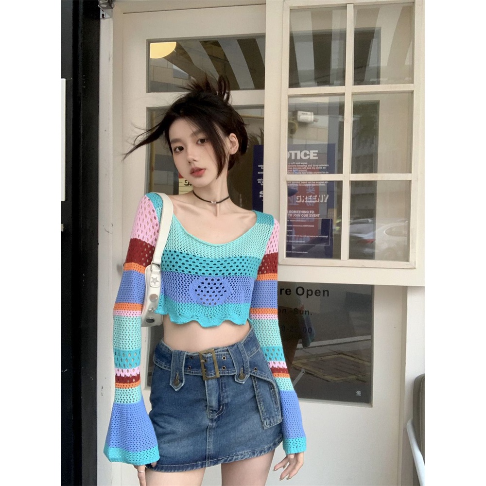 Red Design sense color contrast hollow short section navel knitwear summer fashion hot girl slim slim sunscreen tops fashion wanita