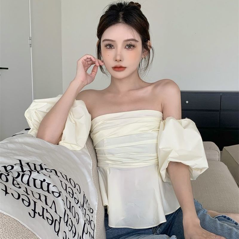 Red 2023 musim panas baru gaya Korea desain engah lengan one-shoulder tipis all-match tube top kemeja top fashion wanita