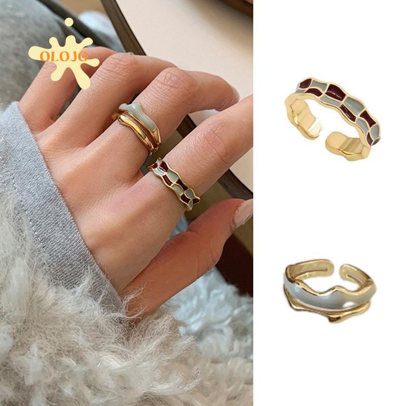 [Olojo.id] French Vintage Enamel Chessboard Plaid Ring Wanita Desain Rasa Terbuka Jari Telunjuk Cincin